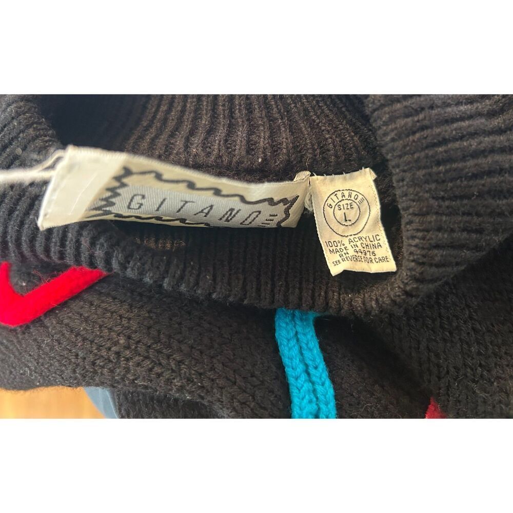 Vintage 80's Gitano 3D Knit Black Sleeve Sweater Luv Place Colorful Pullover L - Picture 3 of 5